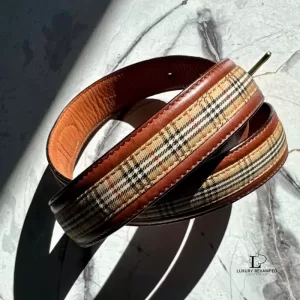 Pre-loved vintage Burberrys of London Nova Check and brown leather belt, front view – secondhand designer, NZ
