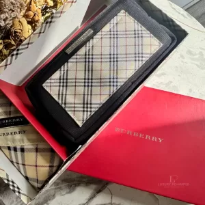 Pre-loved Burberry Nova Check handkerchief and nylon pouch boxed gift set, front view – secondhand designer, NZ
