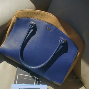 Pre-loved Furla cobalt blue and neutral bicolour leather satchel, front view – secondhand designer, NZ