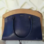 Furla cobalt blue and neutral bicolour leather satchel, view 2