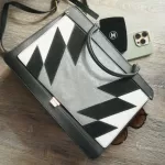 Pre-loved Furla tricolour black, ivory and grey leather and suede two-way bag, front view – secondhand designer, NZ