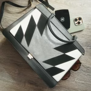 Pre-loved Furla tricolour black, ivory and grey leather and suede two-way bag, front view – secondhand designer, NZ