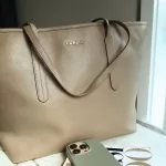 Pre-loved Furla taupe leather open-mouth tote bag, front view – secondhand designer, NZ