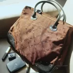 vintage Longchamp Maryvonne brown monogram canvas satchel with black leather trim, view 24
