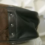 vintage Longchamp Maryvonne brown monogram canvas satchel with black leather trim, view 11