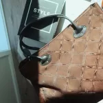 vintage Longchamp Maryvonne brown monogram canvas satchel with black leather trim, view 23
