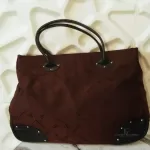 vintage Longchamp Maryvonne brown monogram canvas satchel with black leather trim, view 4