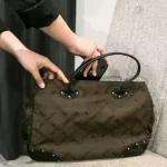 vintage Longchamp Maryvonne brown monogram canvas satchel with black leather trim, view 20