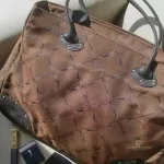 vintage Longchamp Maryvonne brown monogram canvas satchel with black leather trim, view 21
