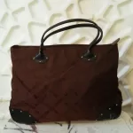 vintage Longchamp Maryvonne brown monogram canvas satchel with black leather trim, view 3