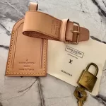 Louis Vuitton Vachetta leather travel accessory set with padlock, luggage tag and poignet, view 20
