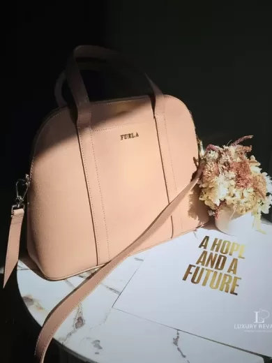 Pre-loved Furla Sandy blush pink Saffiano two-way dome satchel, front view – secondhand designer, NZ