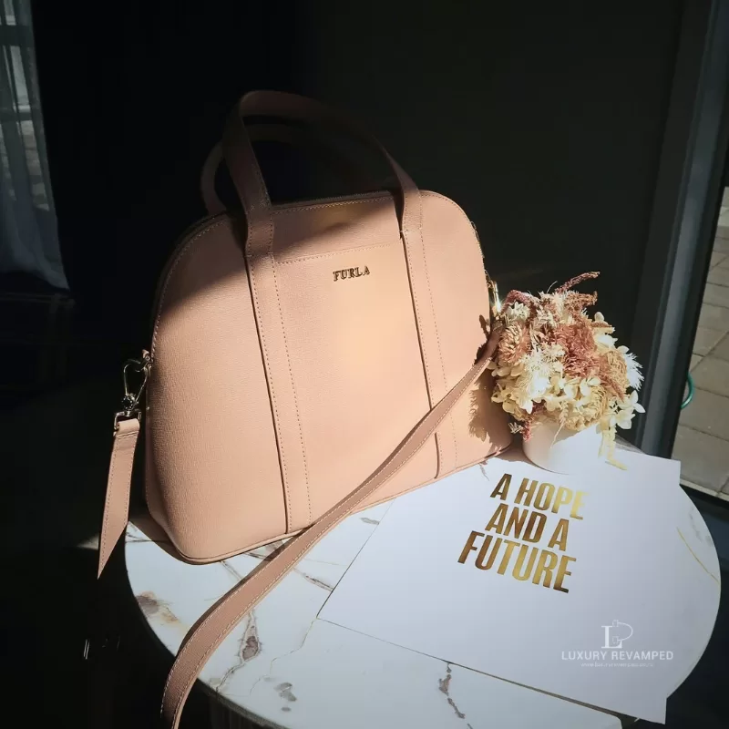 Pre-loved Furla Sandy blush pink Saffiano two-way dome satchel, front view – secondhand designer, NZ