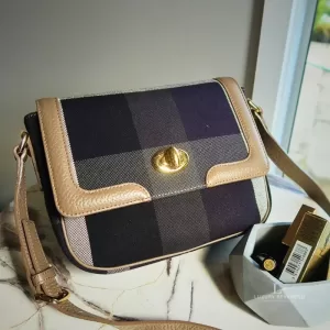 Pre-loved Crestbridge Blue Label plaid flap crossbody bag, front view – secondhand designer, NZ
