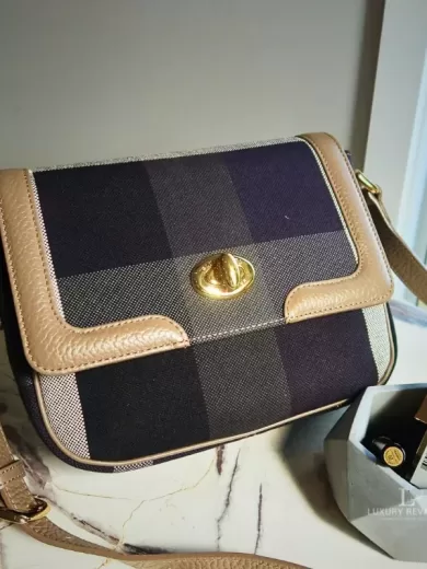Pre-loved Crestbridge Blue Label plaid flap crossbody bag, front view – secondhand designer, NZ