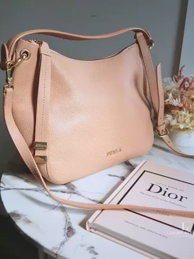 Pre-loved Furla Sienna blush pink pebble leather two-way shoulder bag, front view – secondhand designer, NZ