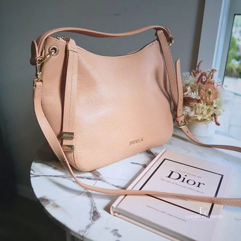 Pre-loved Furla Sienna blush pink pebble leather two-way shoulder bag, front view – secondhand designer, NZ