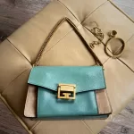 Givenchy GV3 small shoulder bag in light blue goatskin leather and tan suede with gold-tone buckle