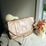 Pre-loved Longchamp LM Metal Collection metallic gold baguette clutch, front view – secondhand designer, NZ