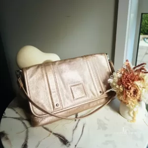 Pre-loved Longchamp LM Metal Collection metallic gold baguette clutch, front view – secondhand designer, NZ