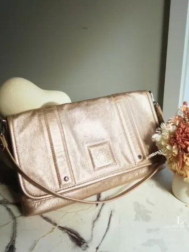 Pre-loved Longchamp LM Metal Collection metallic gold baguette clutch, front view – secondhand designer, NZ