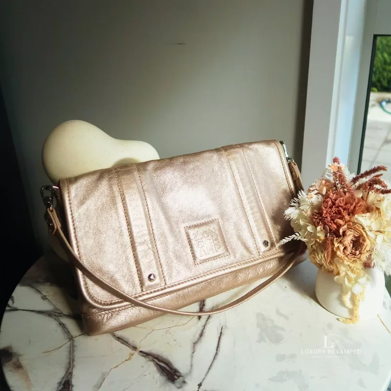 Pre-loved Longchamp LM Metal Collection metallic gold baguette clutch, front view – secondhand designer, NZ
