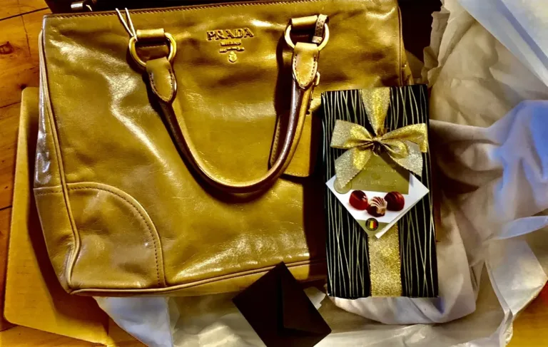 Prada Vitello handbag with a gift of Belgian chocolates